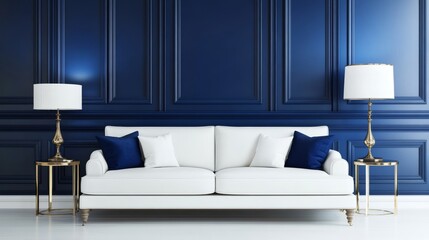 An interior rendering of a modern living room with dark blue walls and white flooring.