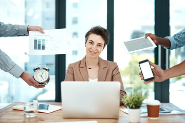 Happy woman, multitasking and group with hands, office or portrait for charts, laptop or phone screen. Person, smile and time management with mockup space, tablet or sales report with chaos at agency
