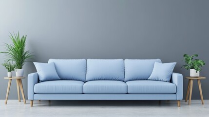 Fototapeta premium 3D rendering of vintage loft interior with blue sofa, white flooring, and blue wall