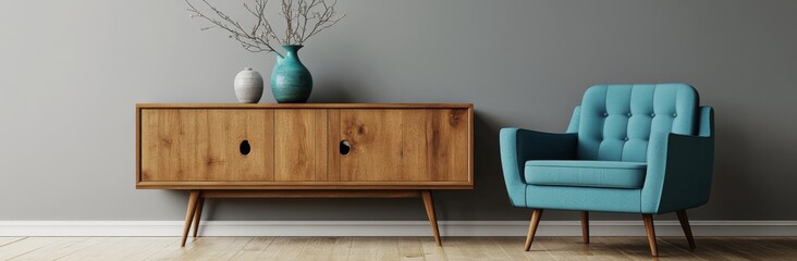 In a minimalist living room interior, a vibrant blue armchair stands against a gray wall while a retro, wooden sideboard stands against a white wall with molding.