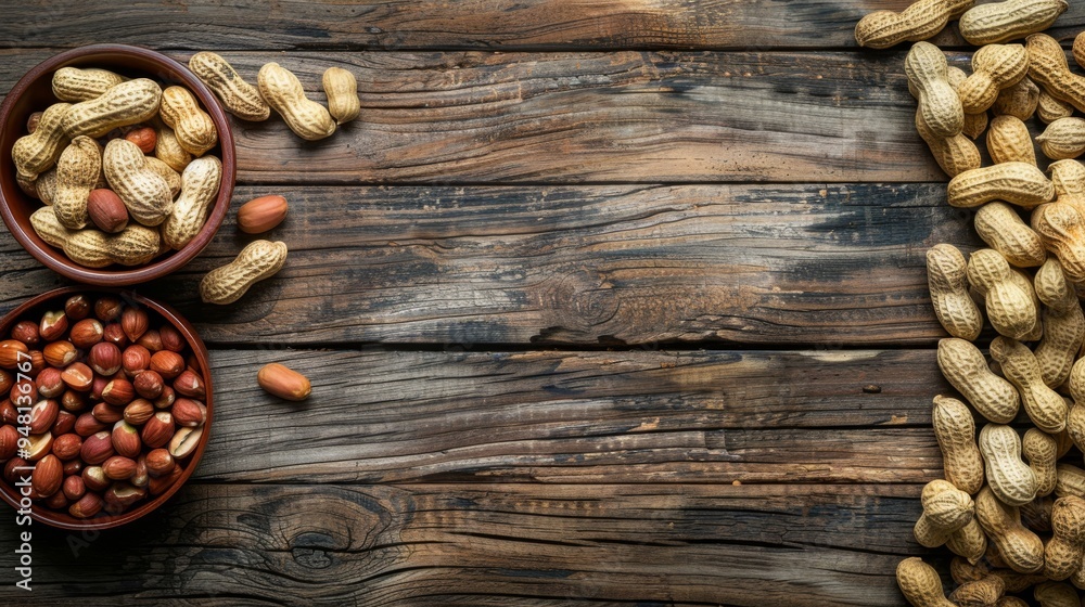 Poster a wide-angle view of a rustic wooden table filled with a variety of peanuts, both shelled and unshel