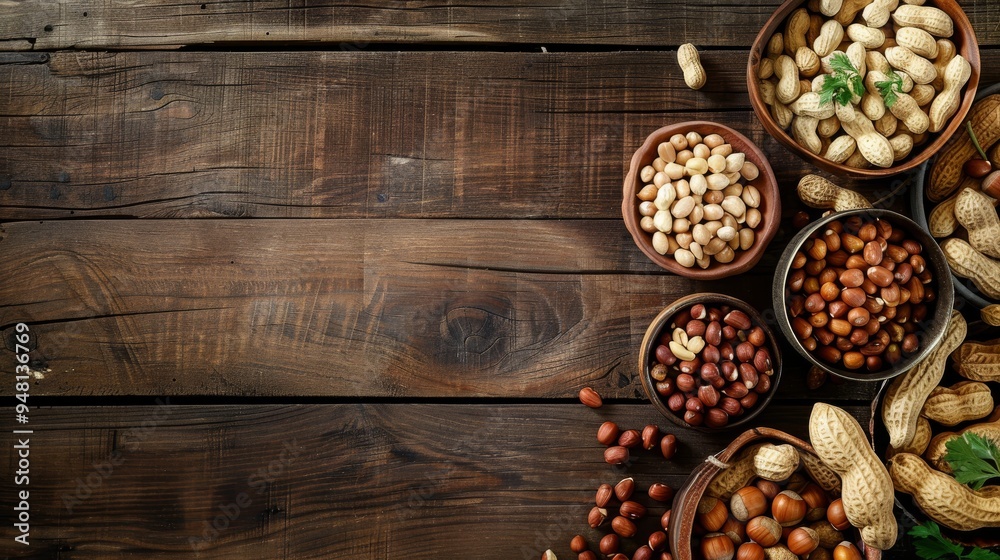 Fototapete a wide-angle view of a rustic wooden table filled with a variety of peanuts, both shelled and unshel