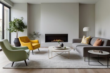 "Minimalist Scandinavian Living Room Showcasing a Round Wooden Coffee Table Complemented by a Sleek White Sofa for a Timeless Look"