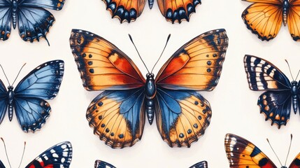 Obraz premium Seamless illustration of multiple butterflies fluttering around in different poses, with vivid colors and detailed wing patterns, on a white background.