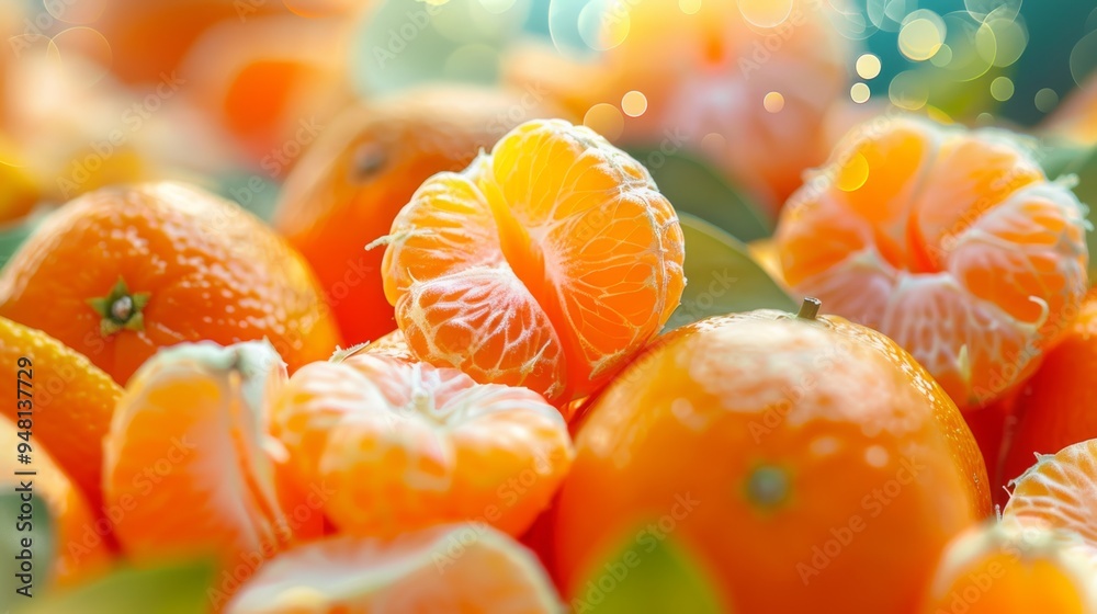 Poster An assortment of tangerines with visible segments and peels, arranged to form a colorful and engaging background.