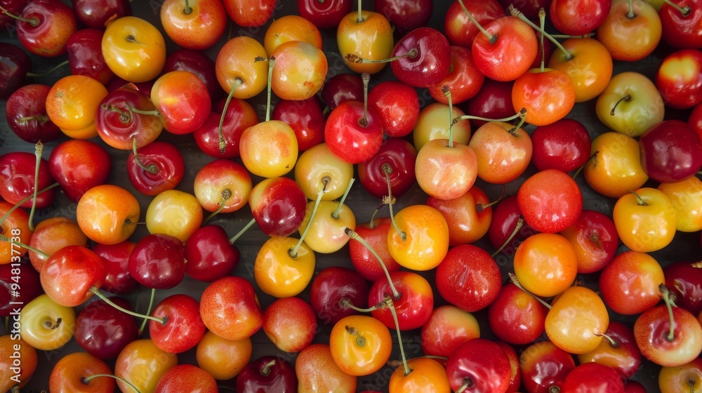 Aufkleber An enticing background featuring cherries with varying degrees of ripeness, creating a visually appealing and colorful pattern