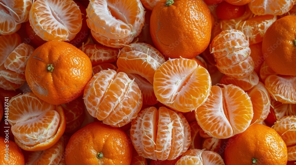 Poster an assortment of tangerines with visible segments and peels, arranged to form a colorful and engagin