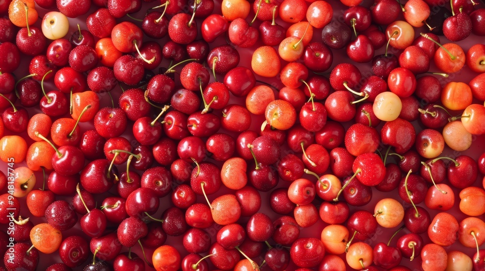 Poster An enticing background featuring cherries with varying degrees of ripeness, creating a visually appealing and colorful pattern