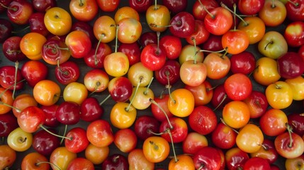 An enticing background featuring cherries with varying degrees of ripeness, creating a visually appealing and colorful pattern