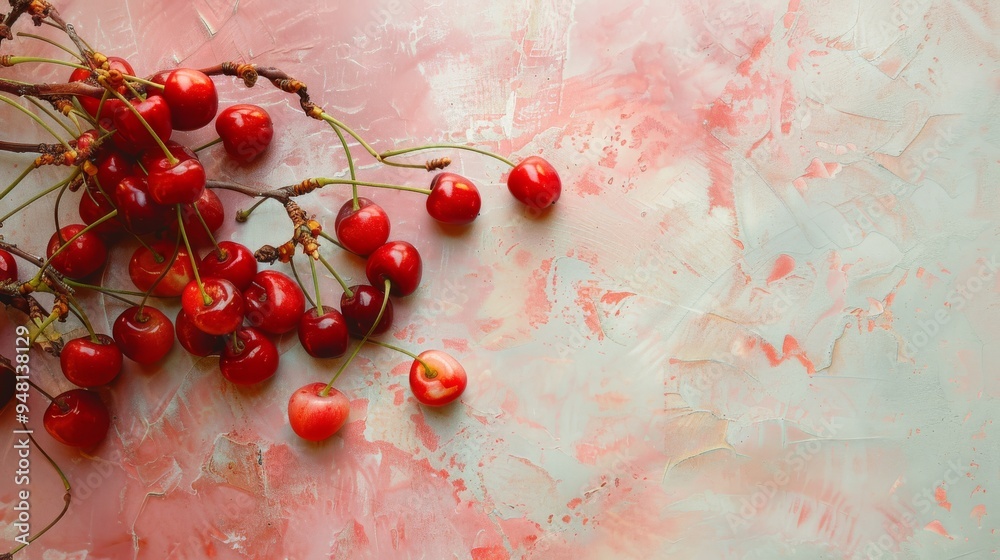 Poster An overhead view of a cherry arrangement with a focus on their vibrant hues and delicate textures, set against a soft, complementary backdrop