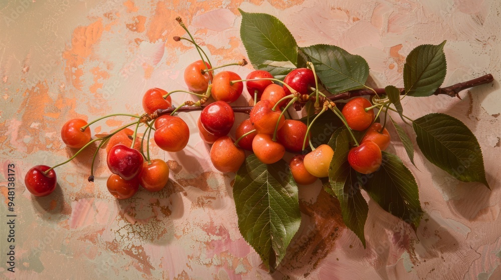 Poster An overhead view of a cherry arrangement with a focus on their vibrant hues and delicate textures, set against a soft, complementary backdrop