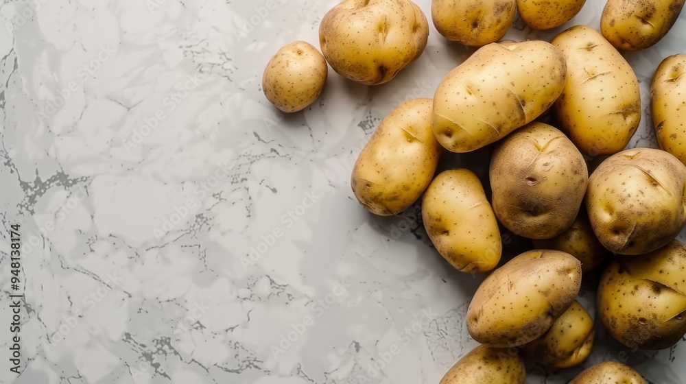 Aufkleber An overhead view of a group of potatoes with different shapes and sizes on a clean surface Close-up photo with clean background --ar 16:9 Job ID: ba8718f1-08aa-49e0-8c46-1bd93e336c74