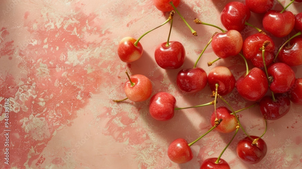 Poster An overhead view of a cherry arrangement with a focus on their vibrant hues and delicate textures, set against a soft, complementary backdrop
