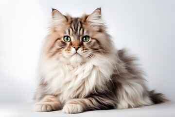 A beautiful ragamuffin cat with a fluffy coat and sweet expression sitting on a white background,...