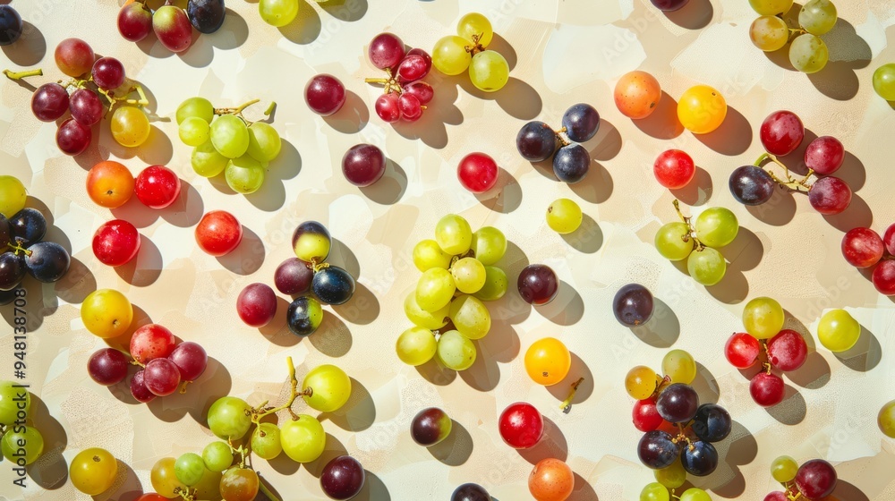 Poster Assorted grapes scattered on a clean surface, creating a pattern of vibrant colors and textures