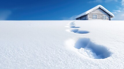 Frosty footprints leading to a cabin with a clear and distinct outline
