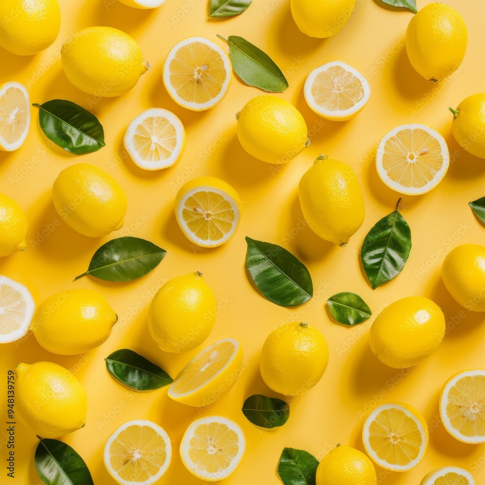 Aufkleber bright lemon background featuring a scattered arrangement of whole lemons and lemon slices, with the