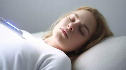 Woman with a headache lying in bed, looking tired and resting