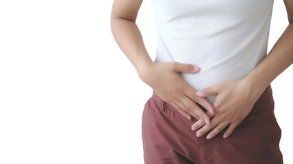 Person holding their stomach in pain, isolated on transparent background