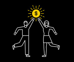 Finance and people, accounts for household economic growth, investment plan management. A man is holding a money icon. A woman put a money icon on her farm. flat design style minimal illustration.