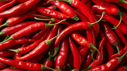 Küchenrückwand glas motiv Scharfe Chili-pfeffer Bright red chili peppers with vibrant green stems, arranged in a neat pile  © venusvi