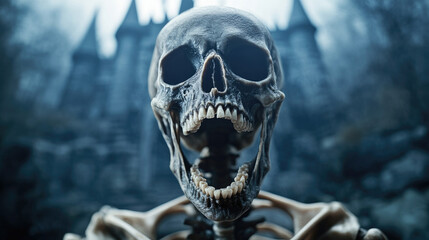 Haunting skeleton in eerie setting, with a ghostly castle backdrop creating a chilling atmosphere, evoking themes of mortality and the supernatural.