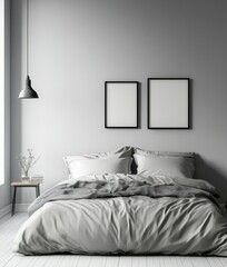 3D illustration of blank two frames in a modern bedroom in beige tones