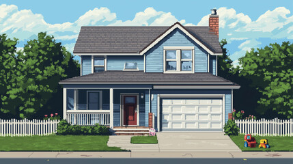 Fototapeta premium A house with a white roof and a white fence in pixel art. The house is surrounded by a lush green lawn.