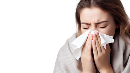 Woman sneezing into a tissue, showing symptoms of a cold, isolated on transparent background 
