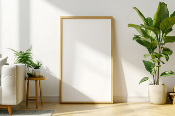 A white framed picture sits on a wooden table in a living room Blank Photo frame