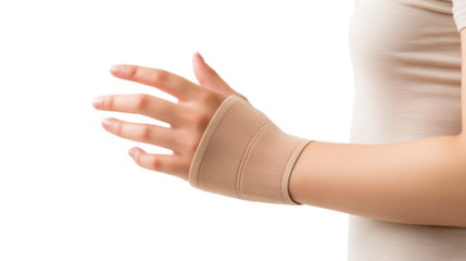 Young woman wearing a wrist brace, showing signs of carpal tunnel syndrome, isolated on transparent background