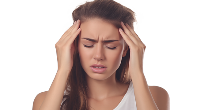Woman with her hand on her forehead, grimacing in pain, suffering from a severe headache, isolated on transparent background - Powered by Adobe