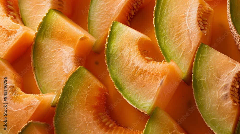 Aufkleber cantaloupe segments arranged artistically on a smooth, plain background, focusing on the contrast be