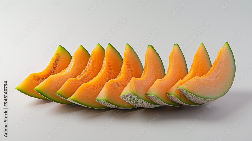 Aufkleber cantaloupe segments arranged artistically on a smooth, plain background, focusing on the contrast be
