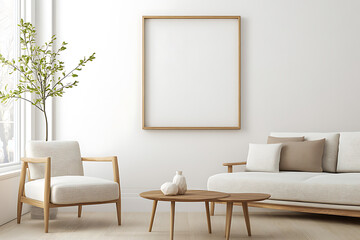 A living room with a white couch, a coffee table, and two chairs Blank Photo frame