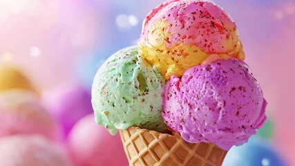 Scoops of colorful ice cream in a waffle cone with a pastel background