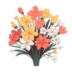 A vibrant bouquet of spring flowers featuring tulips and daffodils arranged beautifully for a cheerful display