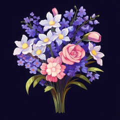 A vibrant spring bouquet filled with colorful flowers, including daisies and roses, against a dark backdrop celebrating the beauty of the season