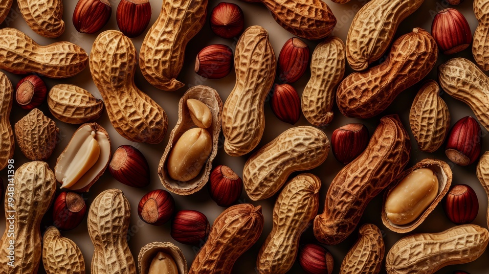 Poster Close-up of a collection of peanut shells and whole peanuts, arranged to create an interesting texture pattern