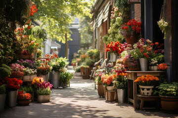 Charming European street floral market adorned with vibrant flowers and greenery on a sunny day