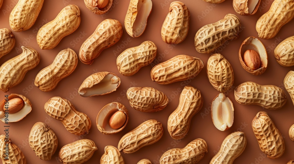 Poster Close-up of a collection of peanut shells and whole peanuts, arranged to create an interesting texture pattern