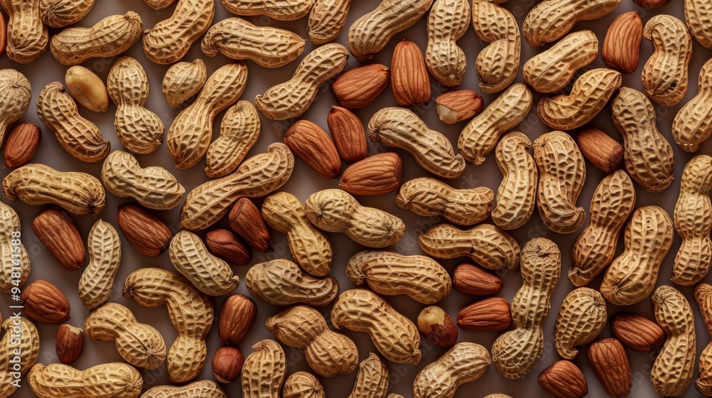 Poster Close-up of a collection of peanut shells and whole peanuts, arranged to create an interesting texture pattern