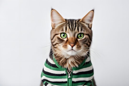 A curious tabby cat with green eyes and a striped coat standing on a white background, AI Generated
