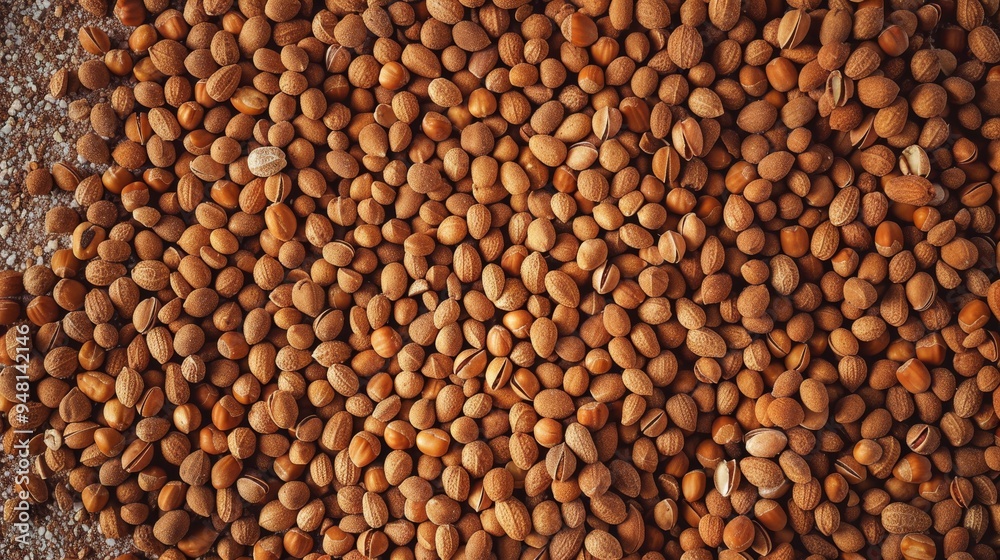 Poster close-up of a textured surface covered with scattered peanuts in their shells, highlighting the natu