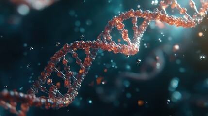 Fototapeta premium A mesmerizing close-up of a DNA double helix structure, showcasing vibrant orange strands against a softly illuminated background.