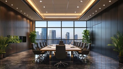 Fototapeta premium Modern conference room with panoramic city views and sleek furnishings, ideal for business meetings.