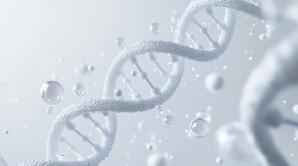 An abstract representation of a DNA double helix structure in a soft, scientific setting with bubbles floating around.