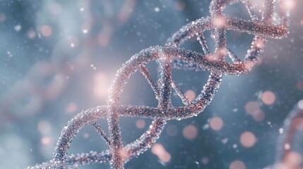 Close-up of a shimmering DNA helix in soft focus, illustrating the beauty of genetic structure.