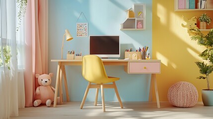 A kids' room desk with a yellow chair is bathed in natural light, creating a cheerful and inviting space for creativity and learning.