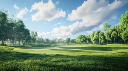 Obraz premium A serene golf course landscape with lush green fairways under a clear blue sky.